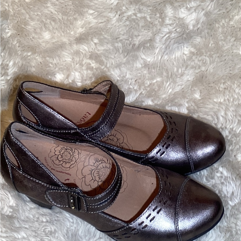 Taos Heels Women pewter Stunner metallic Leather Mary Jane shoes size 8 - Picture 2 of 7